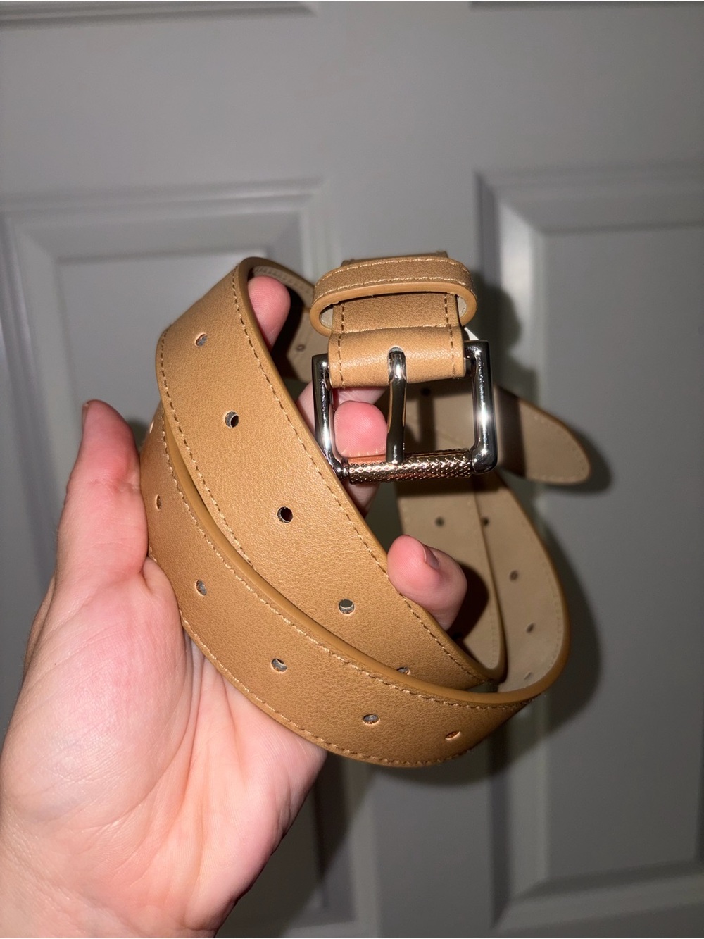 Tan Women's Size Adjustable Belt with Silver & Gold Buckle